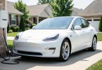 Voiture électrique d'occasion branchée à une borne de recharge murale dans une allée pavillonnaire