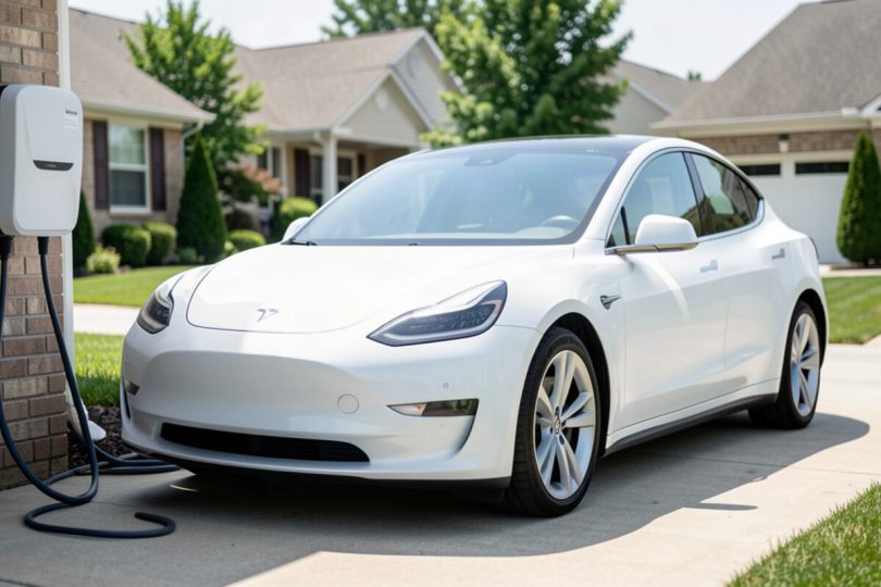 Voiture électrique d'occasion branchée à une borne de recharge murale dans une allée pavillonnaire