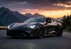 Voiture électrique sportive au design aérodynamique sur une route de montagne au crépuscule