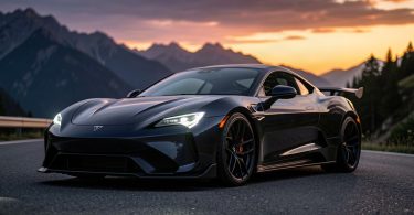 Voiture électrique sportive au design aérodynamique sur une route de montagne au crépuscule