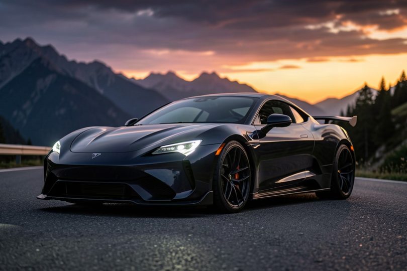 Voiture électrique sportive au design aérodynamique sur une route de montagne au crépuscule