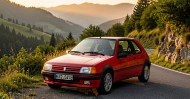 Peugeot 205 GTI rouge sur une route de montagne au coucher du soleil, voiture youngtimer qui monte a la cote