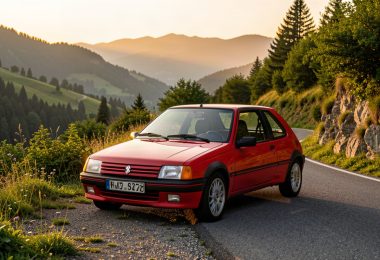 Peugeot 205 GTI rouge sur une route de montagne au coucher du soleil, voiture youngtimer qui monte a la cote