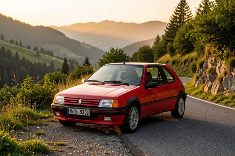Peugeot 205 GTI rouge sur une route de montagne au coucher du soleil, voiture youngtimer qui monte a la cote